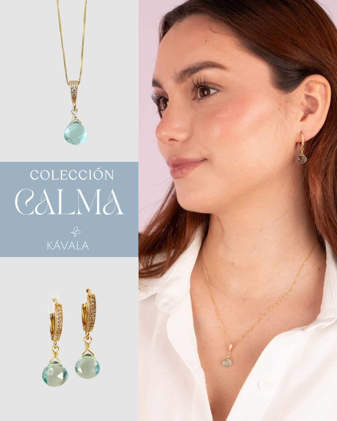 CONJUNTO CALMA AGUAMARINA — Aros + Collar bañados en Oro 18K