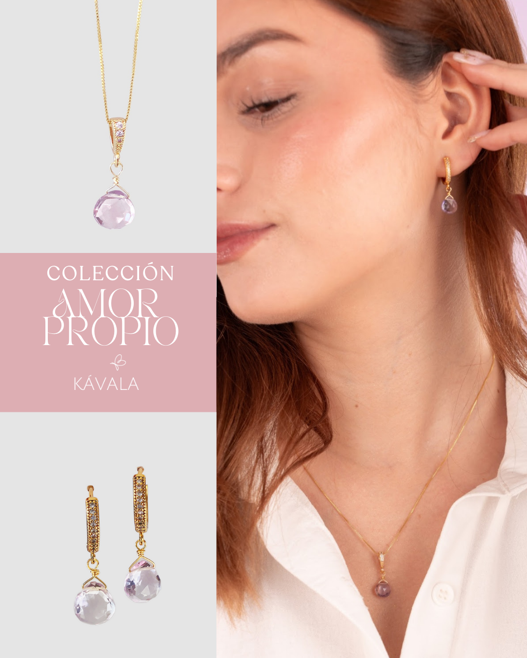 CONJUNTO AMOR PROPIO AMATISTA ROSA — Aros + Collar bañados en Oro 18K