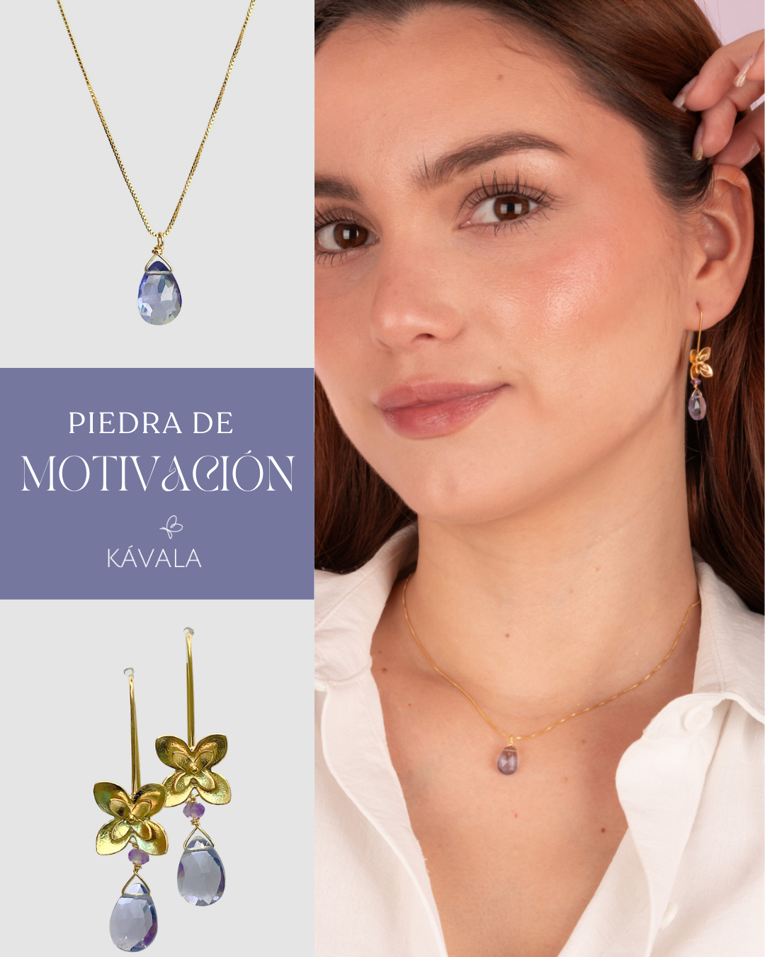 Colección Motivación Piedra iolita— Aros Daisy + Collar bañados en Oro 18K