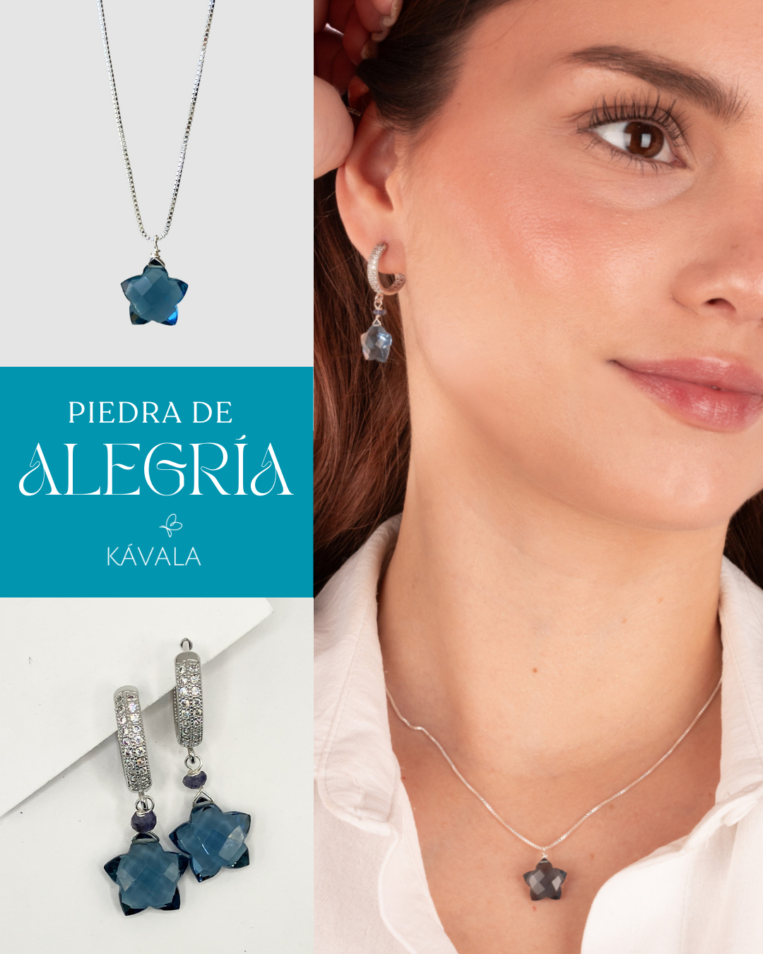 Colección Alegría Topacio Azul — Aros + Collar Estrella | Plata 925 y Baño de Rodio
