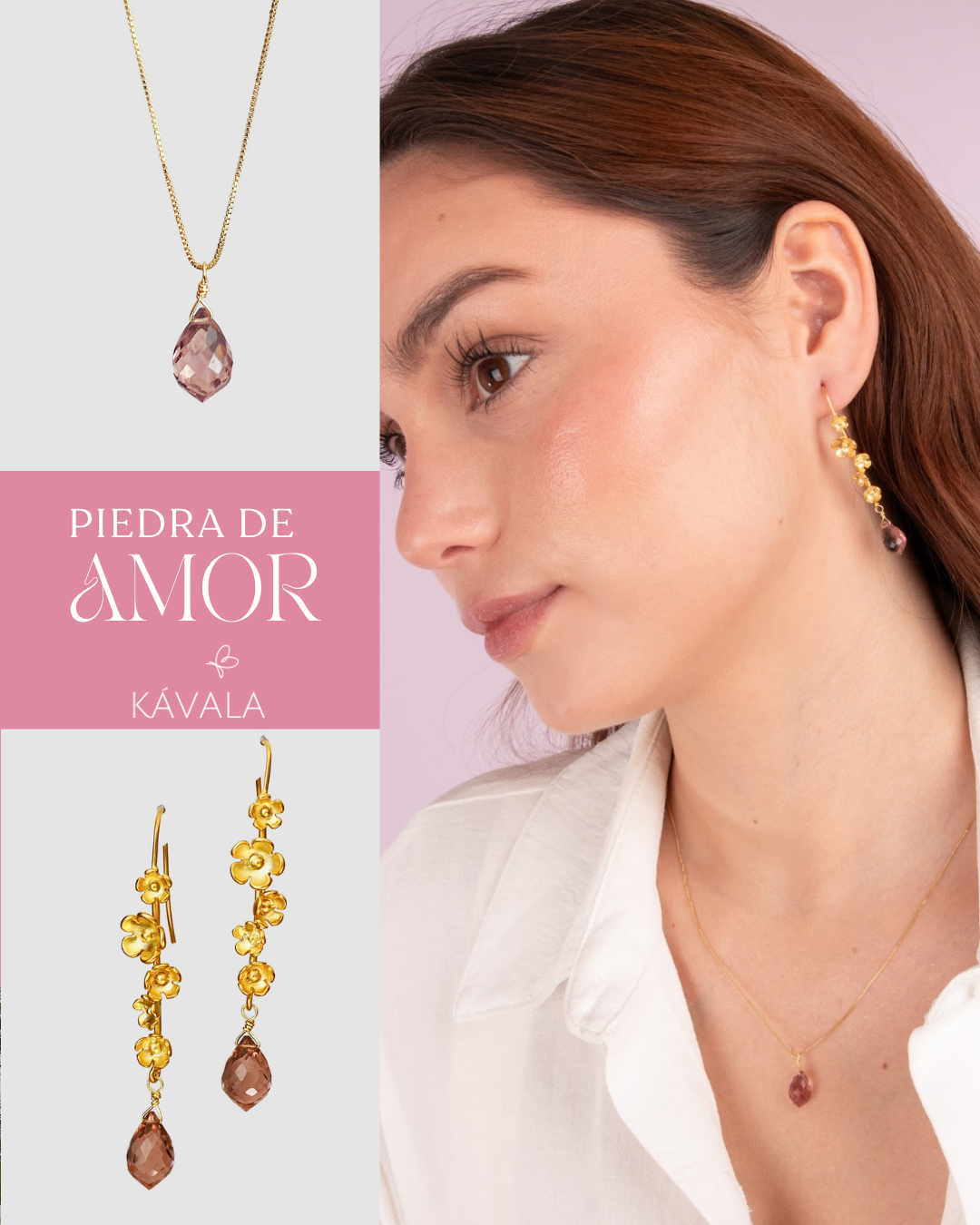 💗 CONJUNTO AMOR — Aros Flor de Cerezo + Collar bañados en Oro 18K