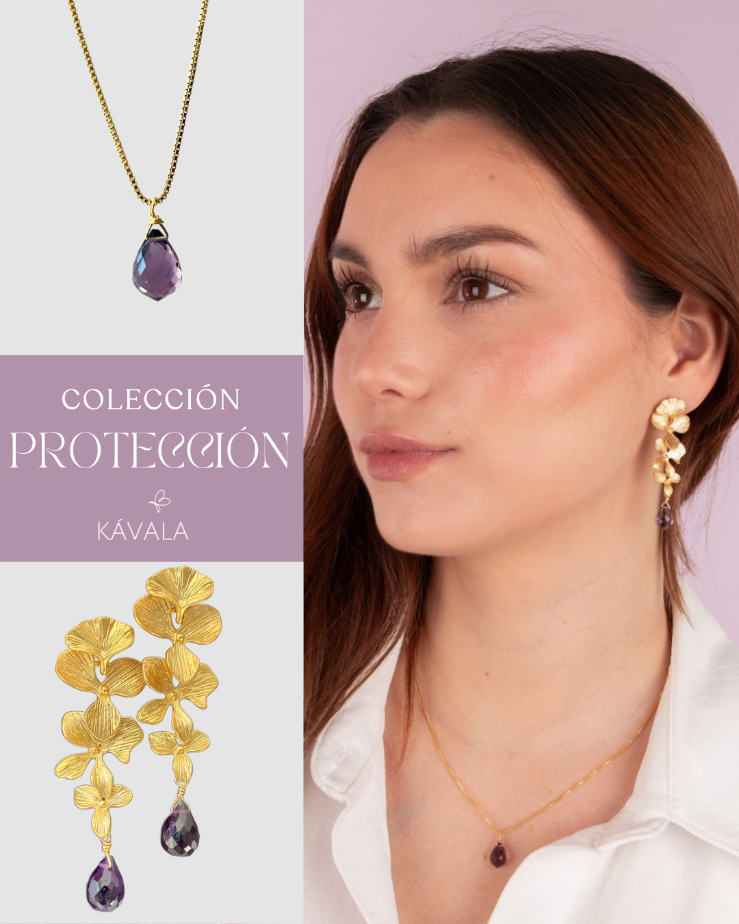 CONJUNTO PROTECCIÓN AMATISTA ORQUÍDEAS — Aros orquídeas+ Collar bañados en Oro 18K