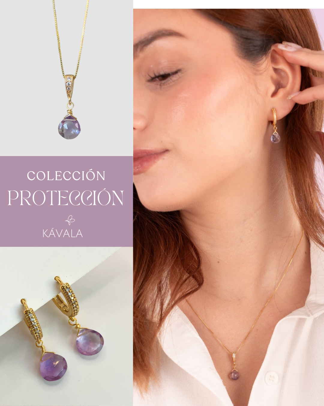 CONJUNTO PROTECCIÓN AMATISTA — Aros + Collar bañados en Oro 18K