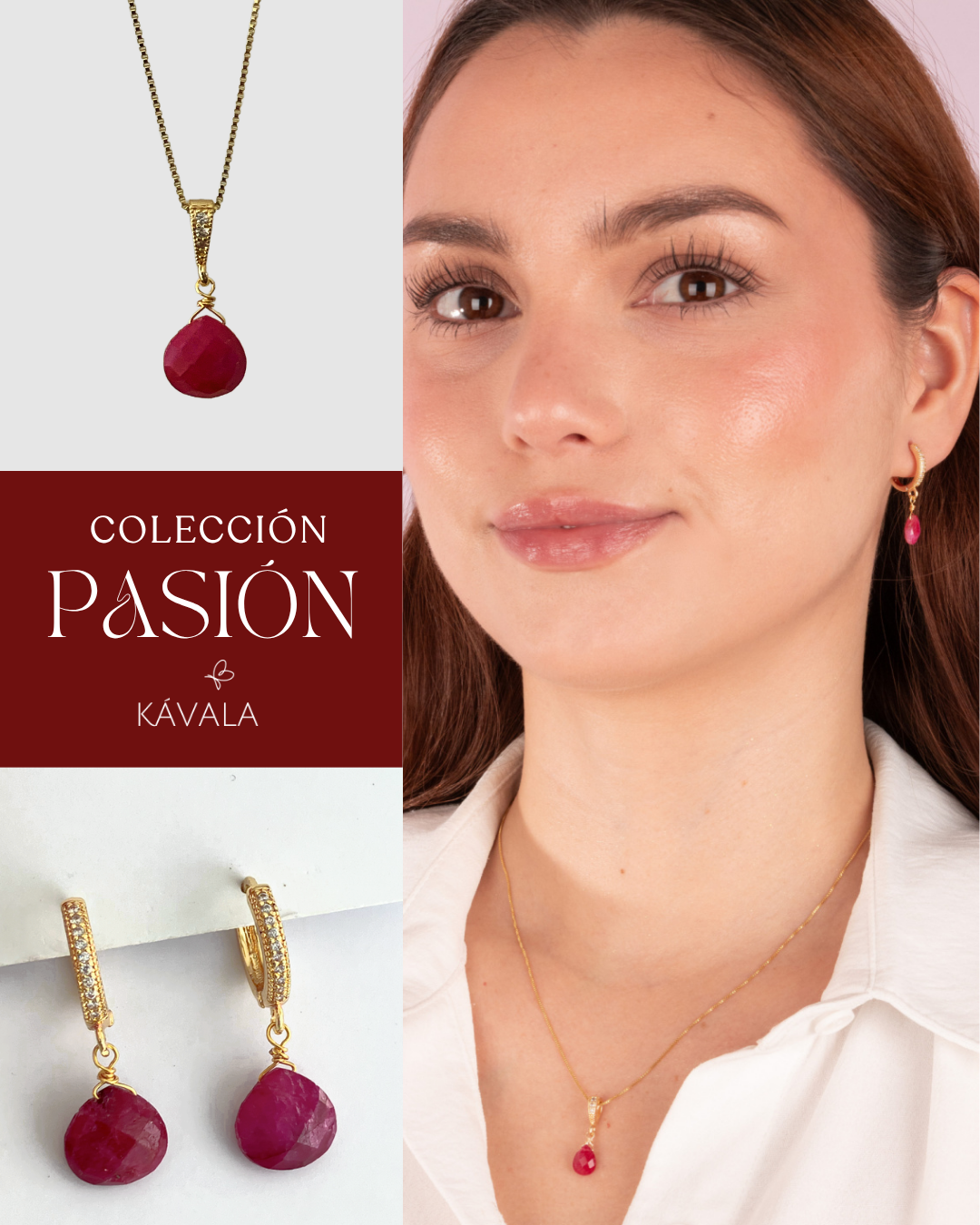 CONJUNTO PASiÓN RUBÍ — Aros + Collar bañados en Oro 18K