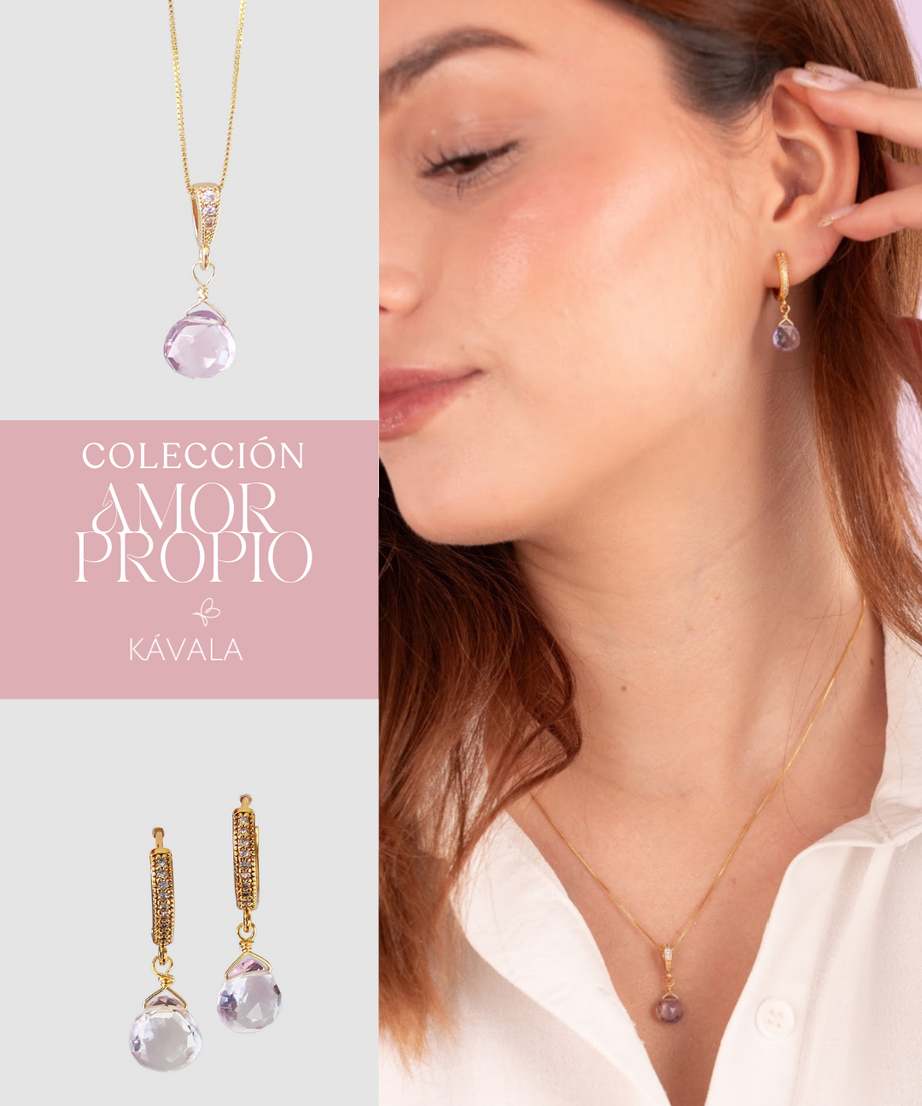 CONJUNTO AMOR PROPIO AMATISTA ROSA —  Aros + Collar bañados en Oro 18K