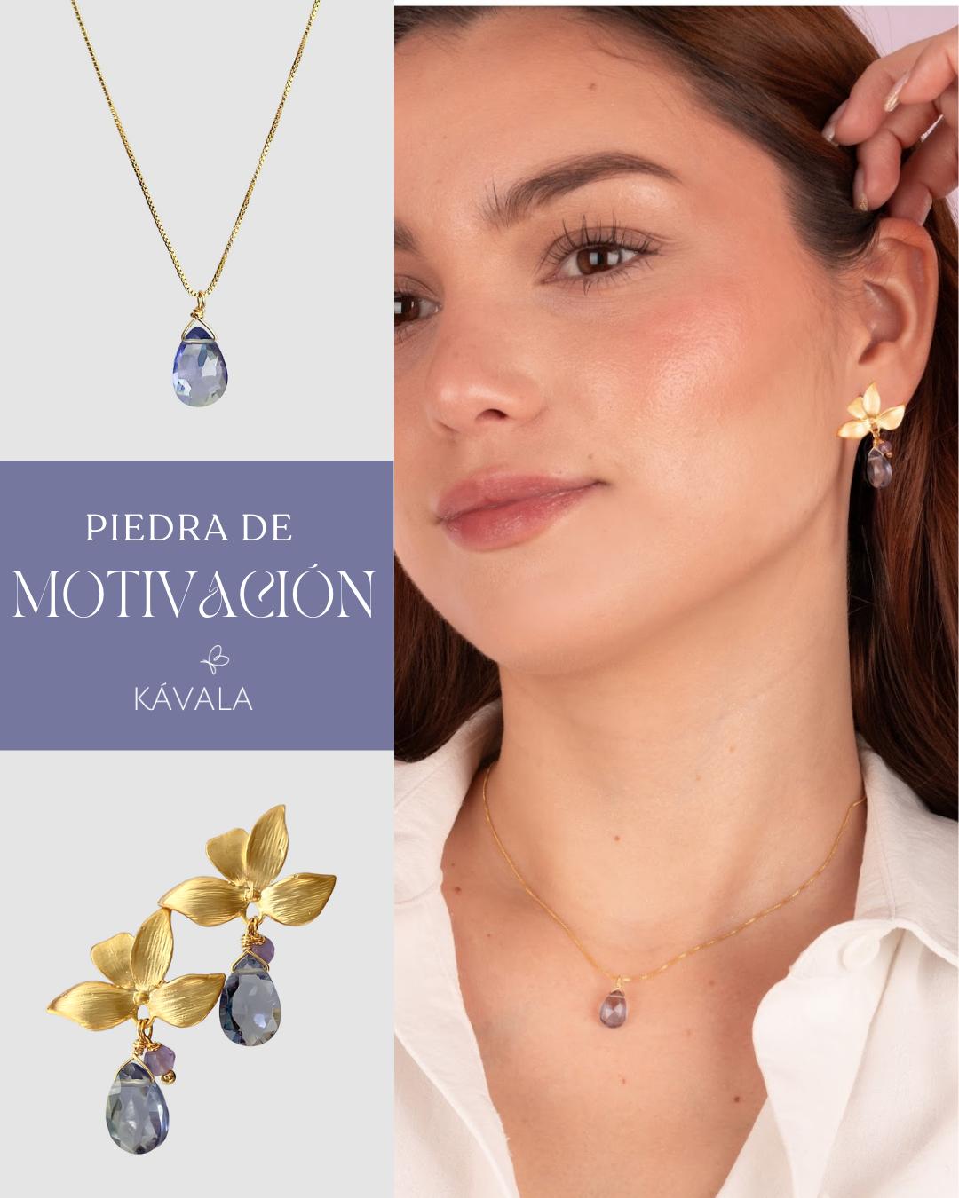 Colección Motivación  Piedra iolita—  Aros Pétalos+ Collar bañados en Oro 18K