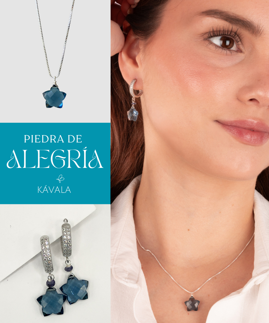 Colección Alegría Topacio Azul  —  Aros + Collar Estrella | Plata 925 y Baño de Rodio