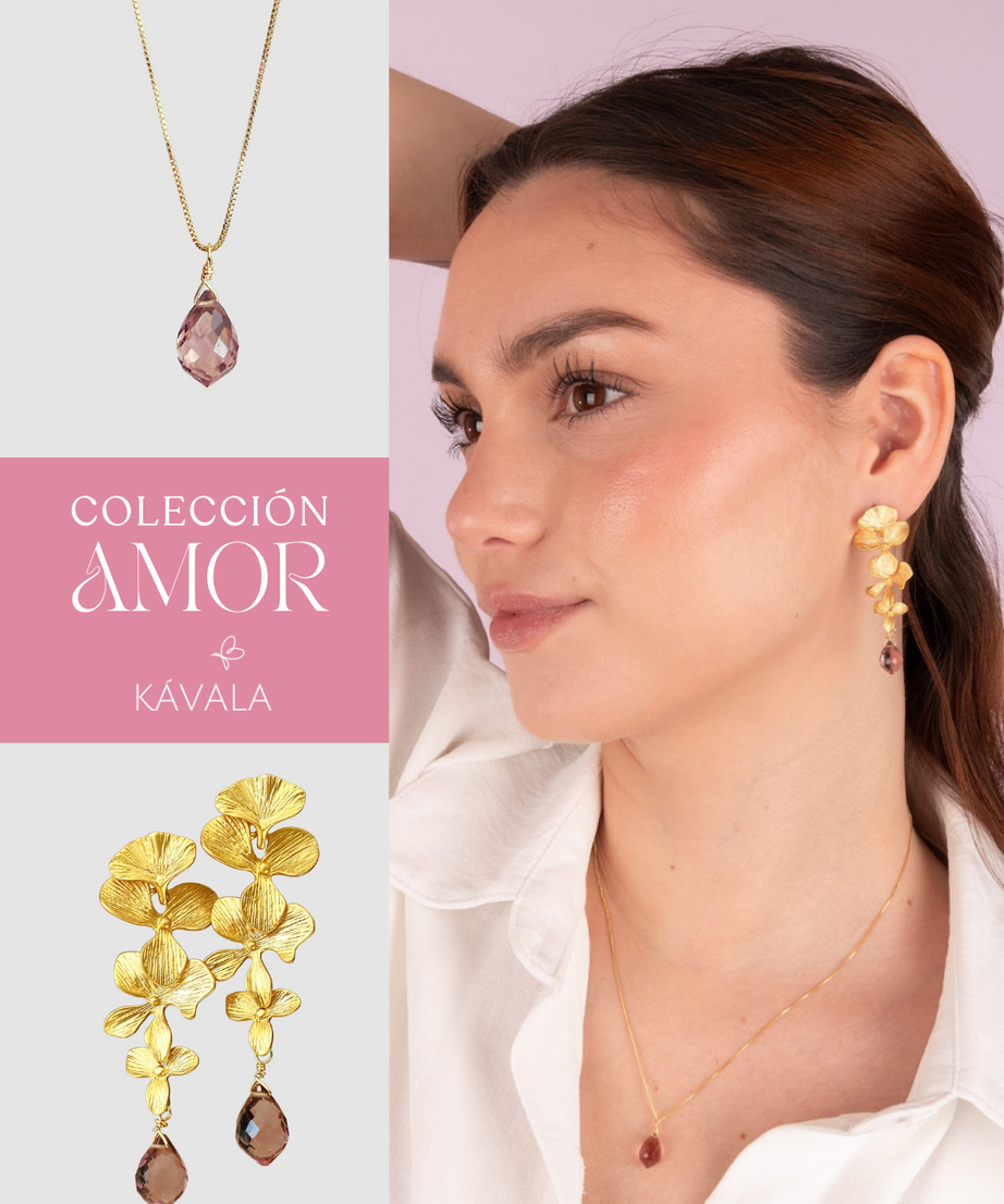 💗 CONJUNTO AMOR ORQUÍDEA KUNZITA — Aros Orquídea + Collar bañados en Oro 18K
