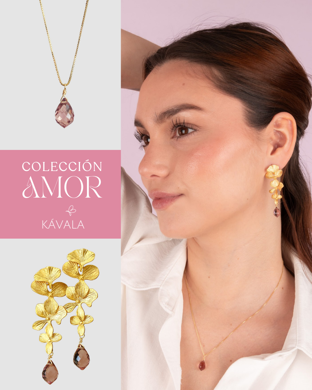 💗 CONJUNTO AMOR ORQUÍDEA KUNZITA — Aros Orquídea + Collar bañados en Oro 18K