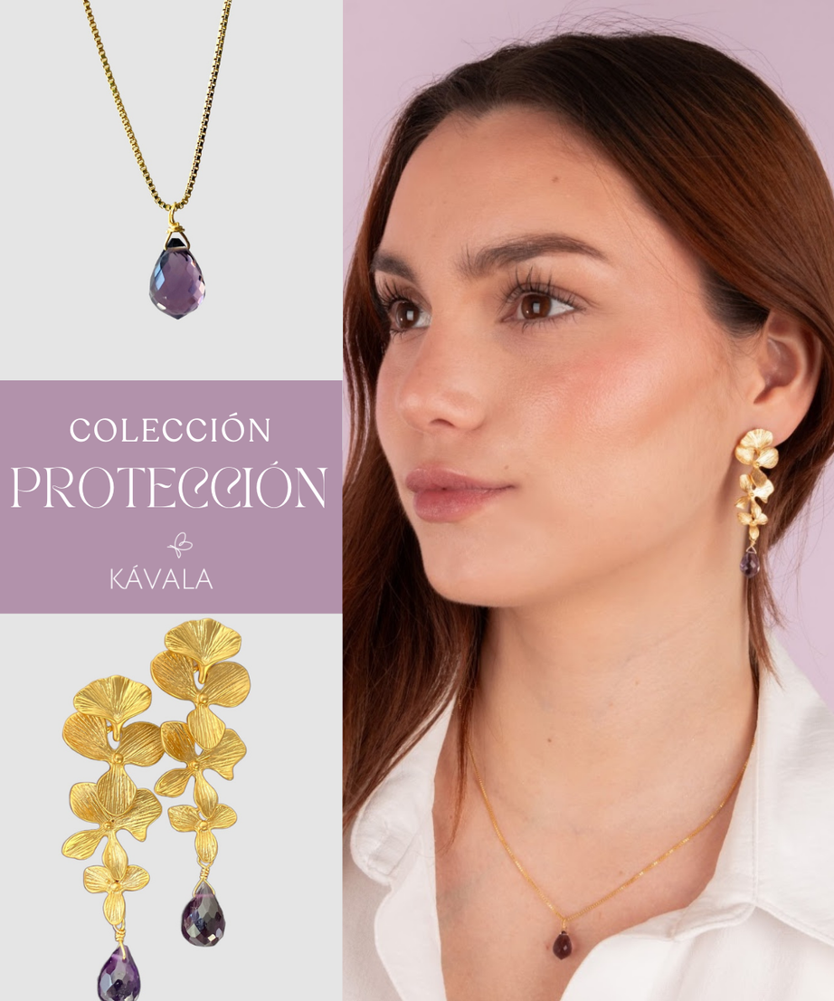 CONJUNTO PROTECCIÓN AMATISTA ORQUÍDEAS —  Aros  orquídeas+ Collar bañados en Oro 18K