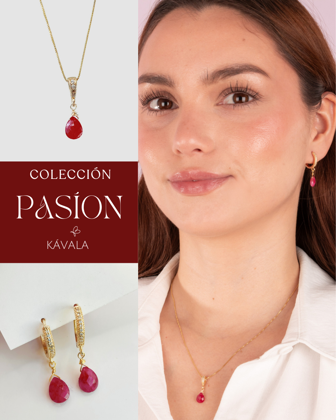 CONJUNTO PASiÓN RUBÍ — Aros + Collar bañados en Oro 18K