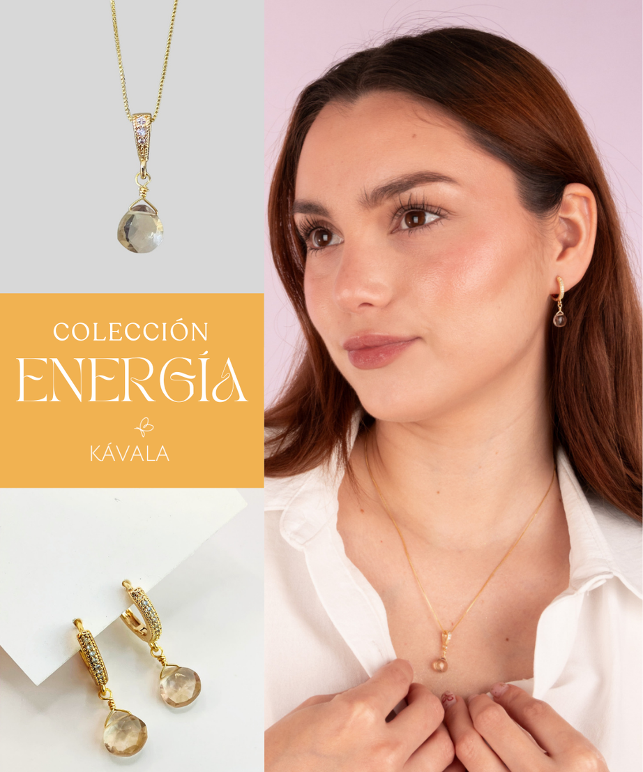 ☀️ Conjunto Energía Citrino — Aros + Collar bañados en Oro 18K