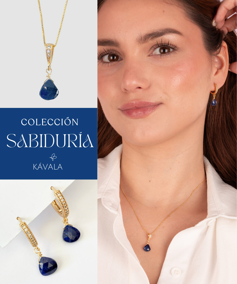 Conjunto Sabiduría Zafiro — Aros + Collar bañados en Oro 18K