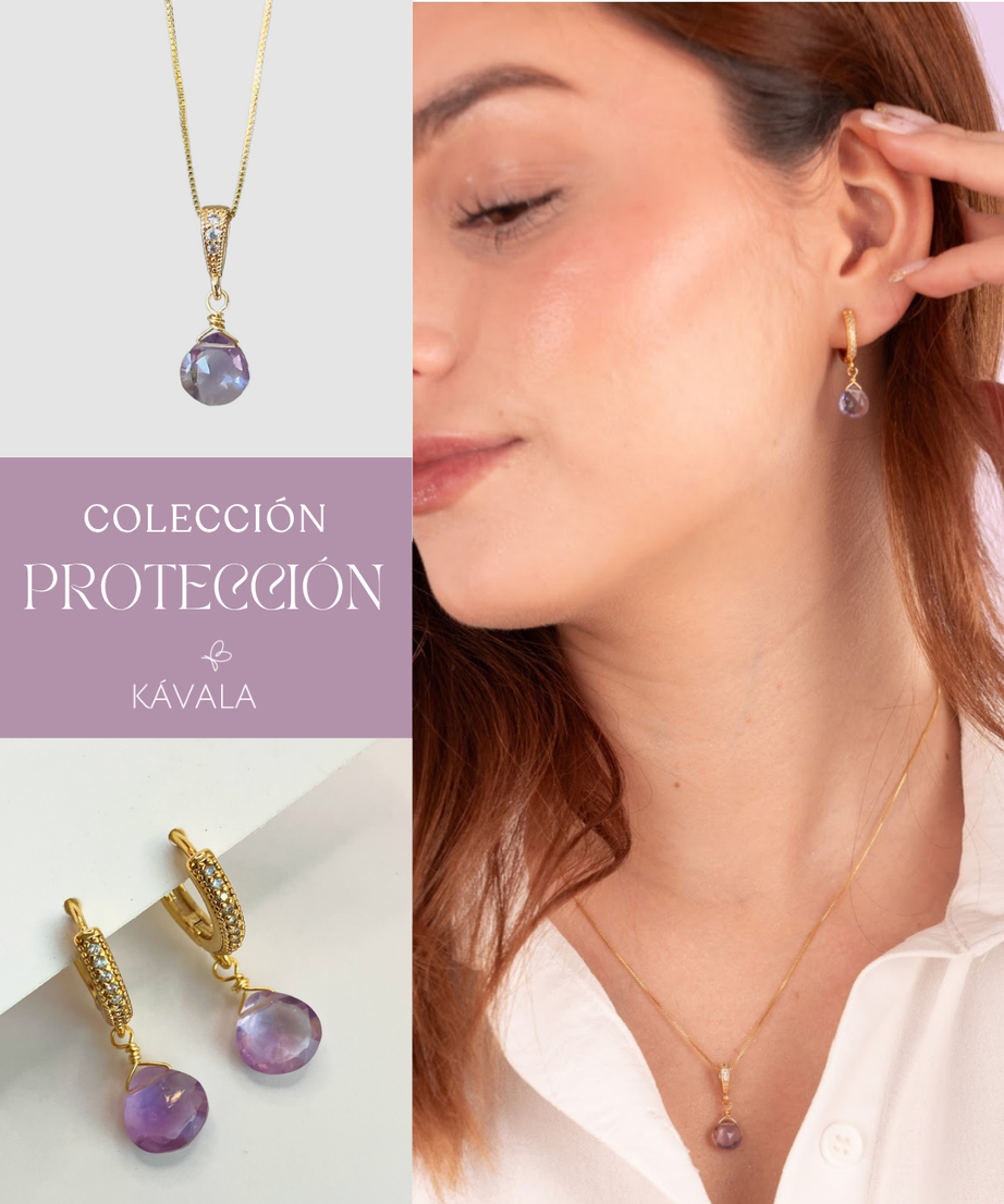 CONJUNTO PROTECCIÓN AMATISTA —  Aros + Collar bañados en Oro 18K