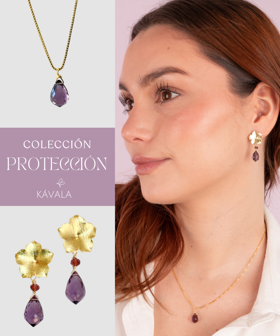 CONJUNTO PROTECCIÓN AMATISTA —  Aros + Collar bañados en Oro 18K