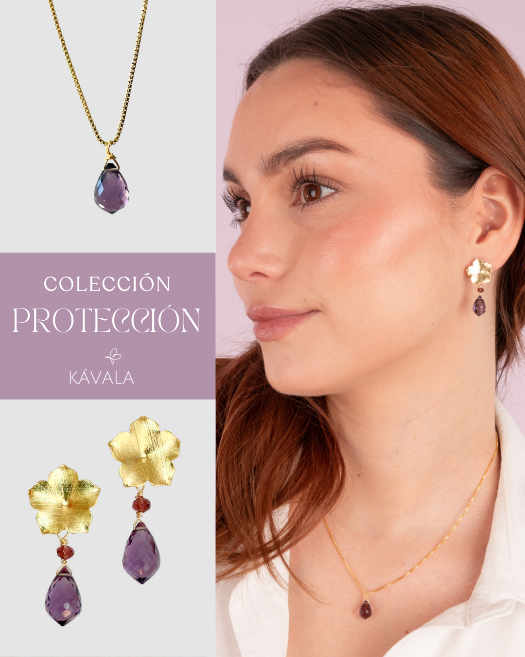 CONJUNTO PROTECCIÓN AMATISTA —  Aros + Collar bañados en Oro 18K