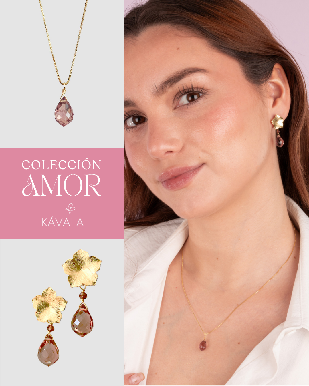 💗 CONJUNTO AMOR KUNZITA — Aros + Collar bañados en Oro 18K