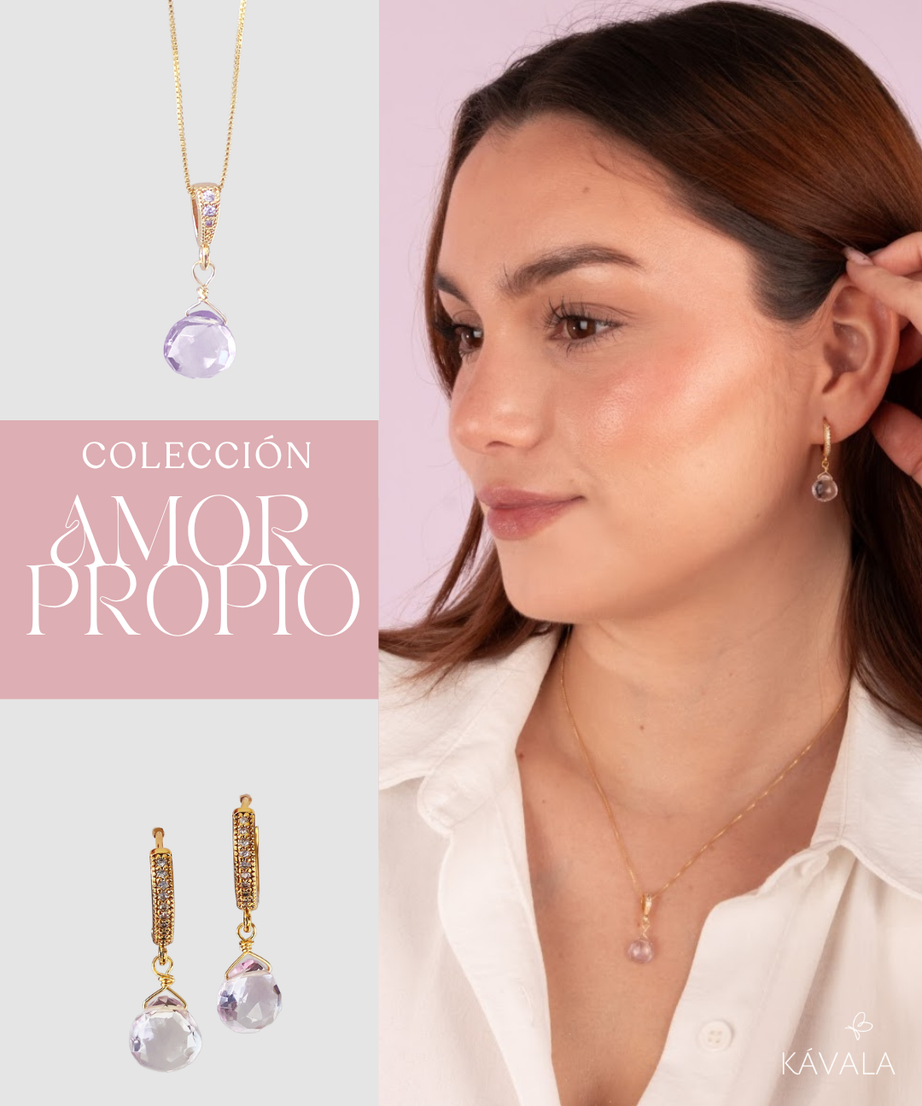 CONJUNTO AMOR PROPIO AMATISTA ROSA —  Aros + Collar bañados en Oro 18K
