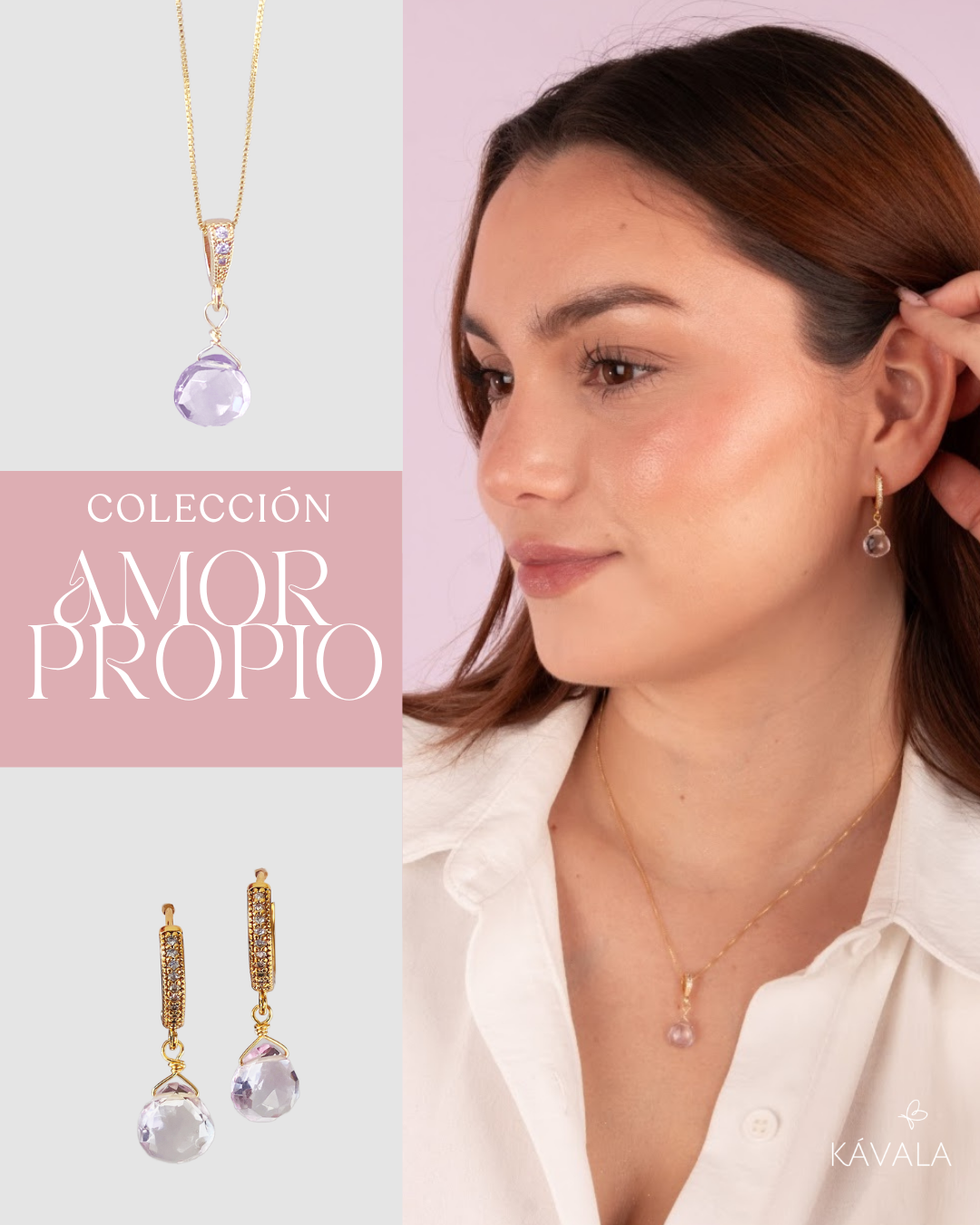 CONJUNTO AMOR PROPIO AMATISTA ROSA —  Aros + Collar bañados en Oro 18K