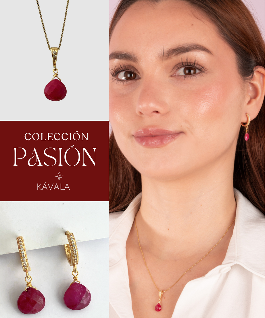Collar bañado en oro con mini Raiz de Rubí y Circones