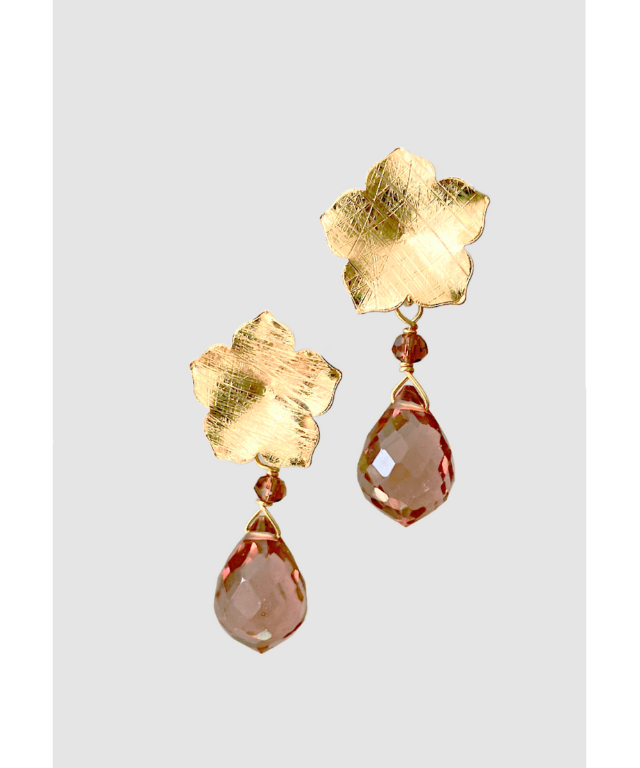 AROS FLOR BAÑADOS EN ORO Y PIEDRA KUNZITA