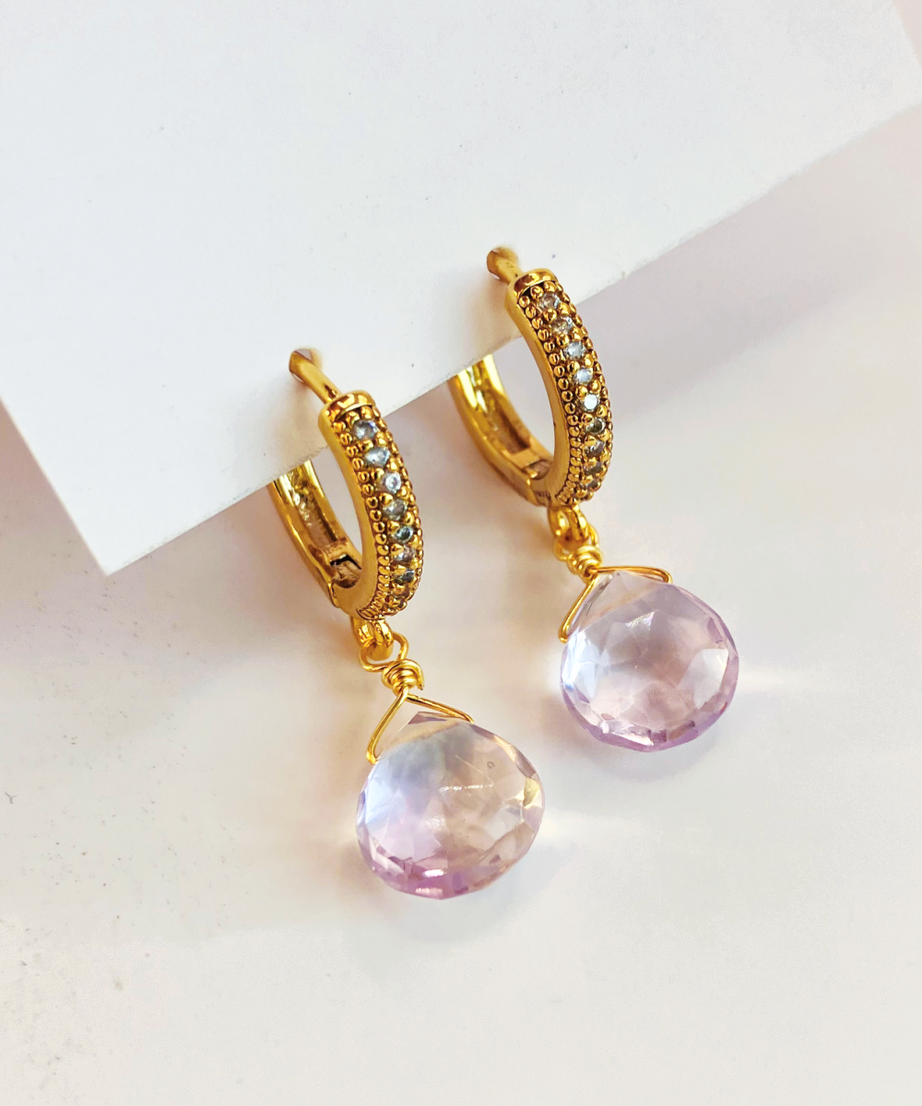 AROS AMATISTA ROSA Y ARGOLLA BAÑO ORO 18 K CON CIRCONES