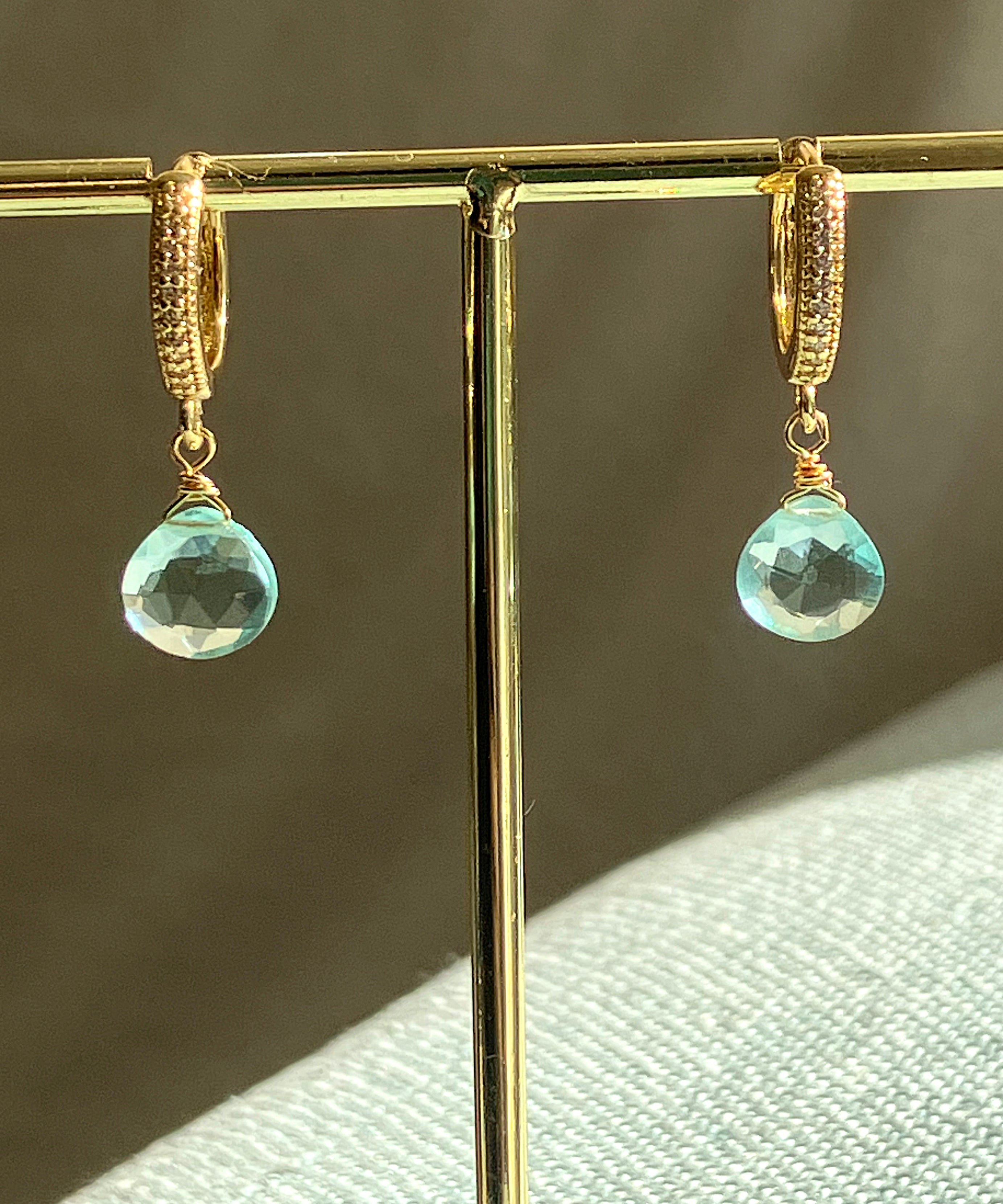 AROS AGUAMARINA Y ARGOLLA  BAÑO ORO 18 K CON CIRCONES
