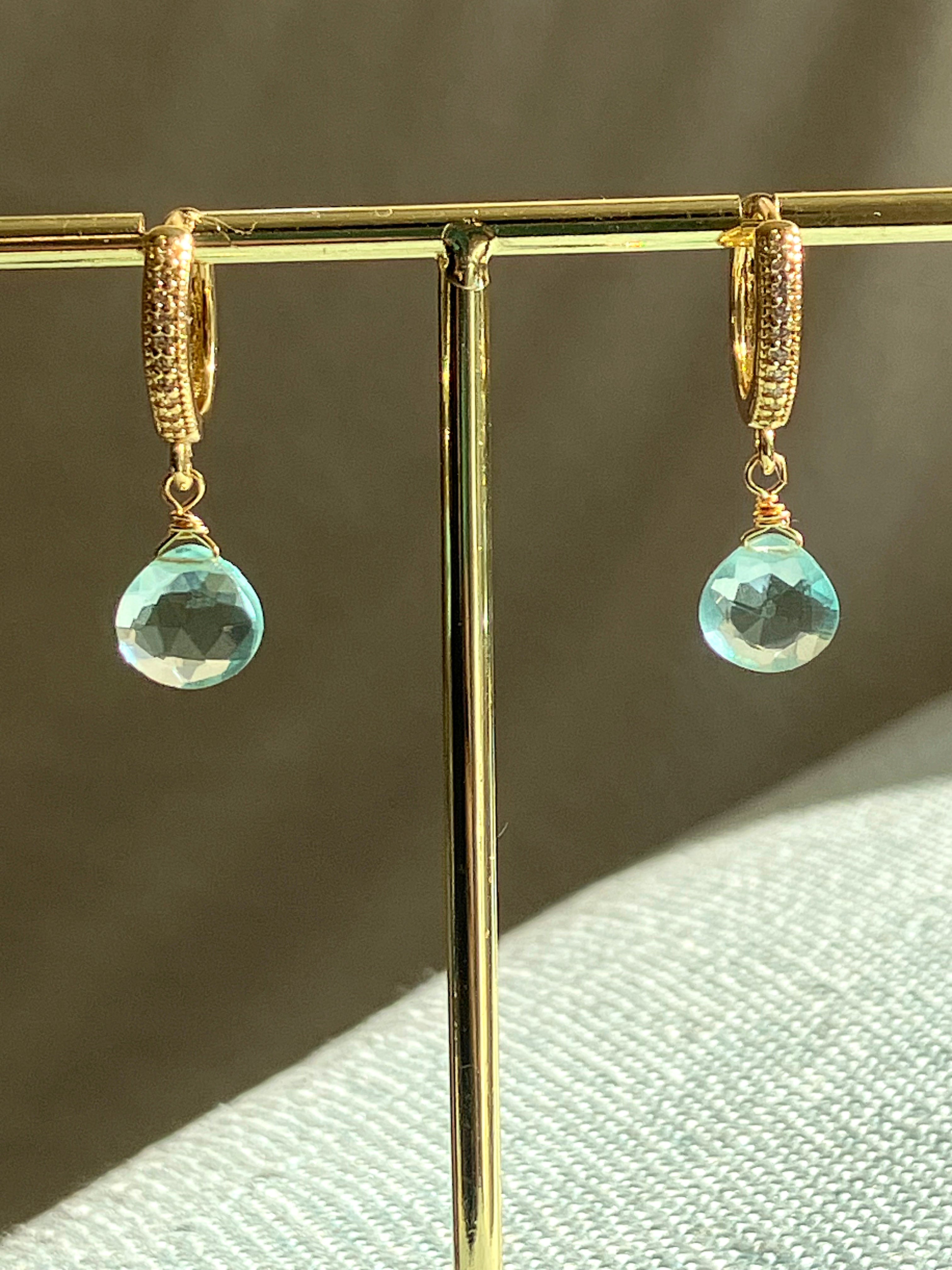 AROS AGUAMARINA Y ARGOLLA  BAÑO ORO 18 K CON CIRCONES