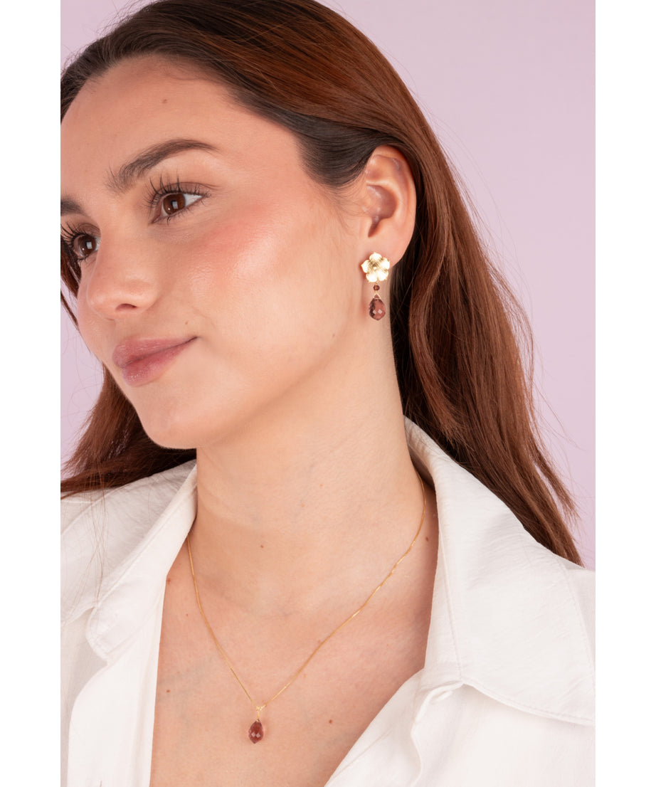 AROS FLOR BAÑADOS EN ORO Y PIEDRA KUNZITA